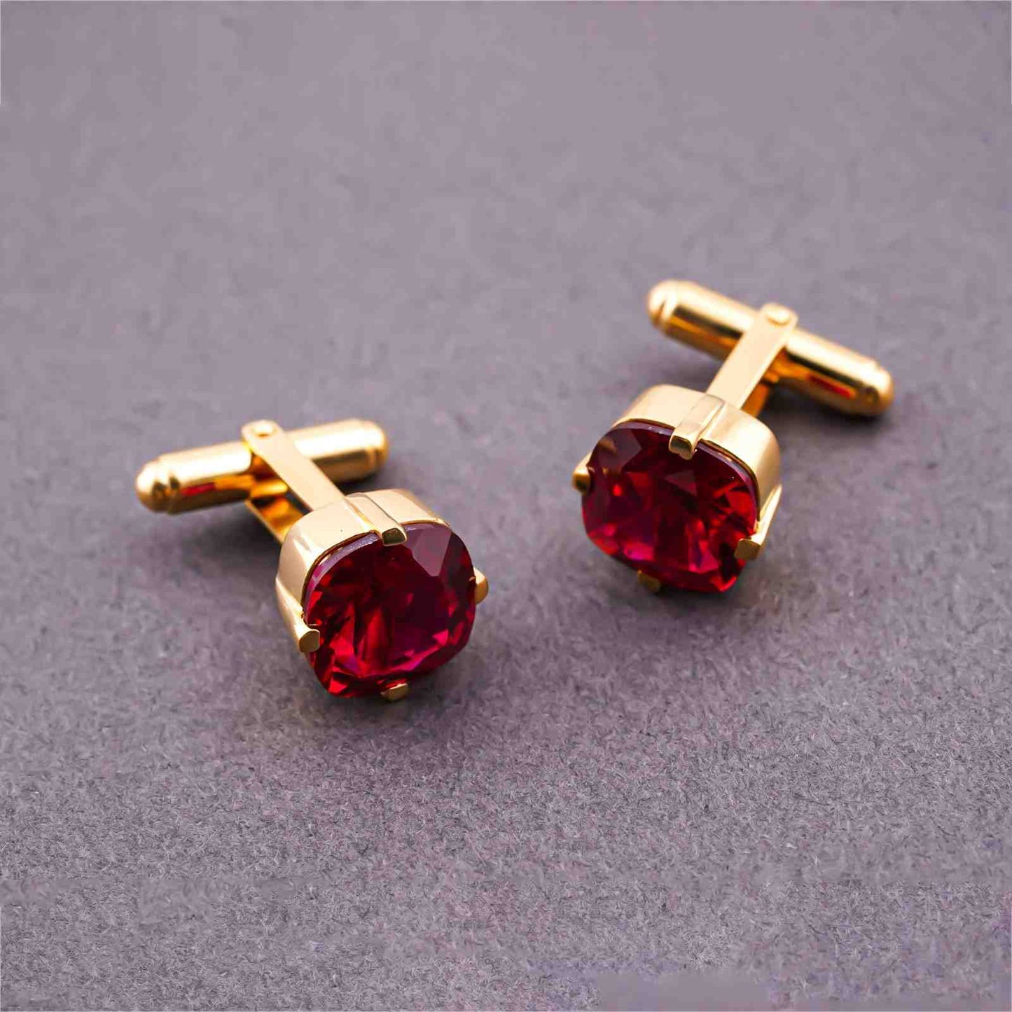 Silver Red Garnet Solitaire Cufflinks For Him With 14K Gold Over