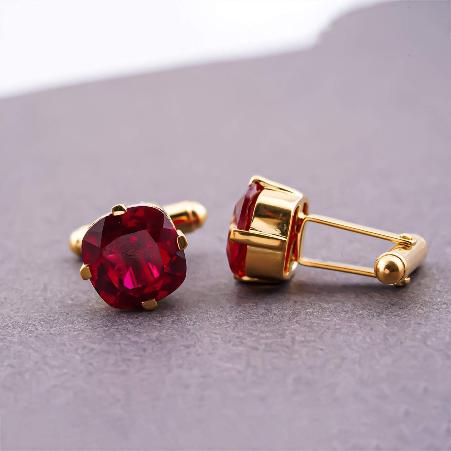 Silver Red Garnet Solitaire Cufflinks For Him With 14K Gold Over
