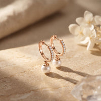 0.17 Ct Round Cut Lab Grown Diamond Pavé Pearl Drop Hoop Earrings Rose Gold
