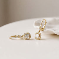 0.85 Ct Asscher Cut Lab Grown Diamond Pavé Halo Drop Earrings Gold