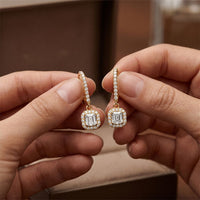 0.85 Ct Asscher Cut Lab Grown Diamond Pavé Halo Drop Earrings Gold