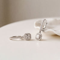 0.85 Ct Asscher Cut Lab Grown Diamond Pavé Halo Drop Earrings White
