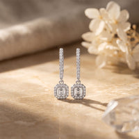 0.85 Ct Asscher Cut Lab Grown Diamond Pavé Halo Drop Earrings White
