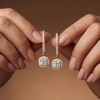 0.80 Ct Cushion Cut Lab Grown Diamond Framed Drop Earrings Rose Gold