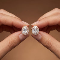 1.20 Ct Oval Cut Lab Grown Diamond Halo Stud Earrings for Women Rose Gold