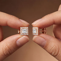 1.30 Ct Princess Cut Lab Grown Diamond Halo Stud Earrings for Women Rose Gold