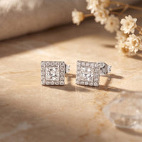 1.30 Ct Princess Cut Lab Grown Diamond Halo Stud Earrings for Women White
