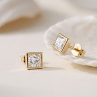 0.90 Ct Princess Cut Lab Grown Diamond Bezel Set Stud Earrings for Women Gold
