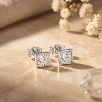 0.90 Ct Princess Cut Lab Grown Diamond Bezel Set Stud Earrings for Women White