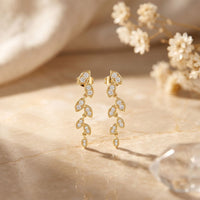 0.45 Ct Round Cut Lab Grown Diamond Leaf Drop Dangle Earrings for Women Gold