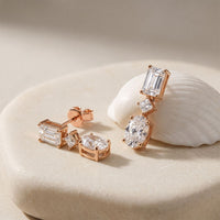 3.10 Ct Emerald Cut Lab Grown Diamond Mixed Cut Dangle Earrings Rose Gold