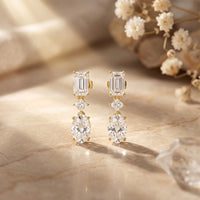 3.10 Ct Emerald Cut Lab Grown Diamond Mixed Cut Dangle Earrings Gold