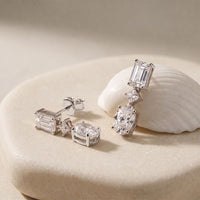 3.10 Ct Emerald Cut Lab Grown Diamond Mixed Cut Dangle Earrings White