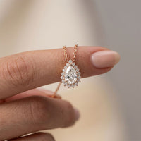 0.85CTW Pear Cut Lab Grown Diamond Halo Pendant Necklace Rose Gold