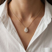 0.85CTW Pear Cut Lab Grown Diamond Halo Pendant Necklace Gold