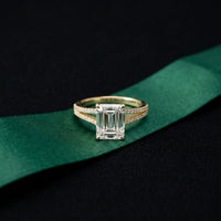 2.90 Ct Emerald Cut Split Shank Pavé Lab Grown Diamond Ring Gold