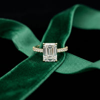 3.70 CTW Emerald Cut Lab Grown Diamond Luxe Pave Engagement Ring Gold