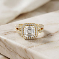 2.40CTW Asscher Cut Halo Split Shank Lab Grown Diamond Engagement Ring For Women Gold