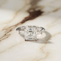 3.30ctw Asscher Lab Grown Diamond Celestique Three Stone Ring