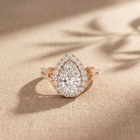 2.35CTW Pear Cut Lab Grown Diamond Romantic Scroll Halo Ring for Women Rose Gold