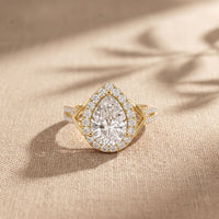 2.35CTW Pear Cut Lab Grown Diamond Romantic Scroll Halo Ring for Women Gold