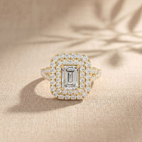 2.5CTW Emerald Cut Lab Grown Diamond Double Halo Engagement Ring for Women Gold