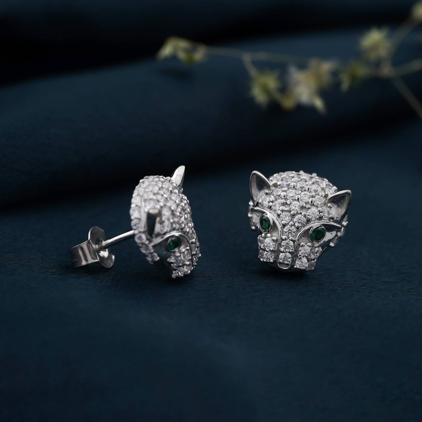 925 Sterling Silver Green Panther Stud Earrings