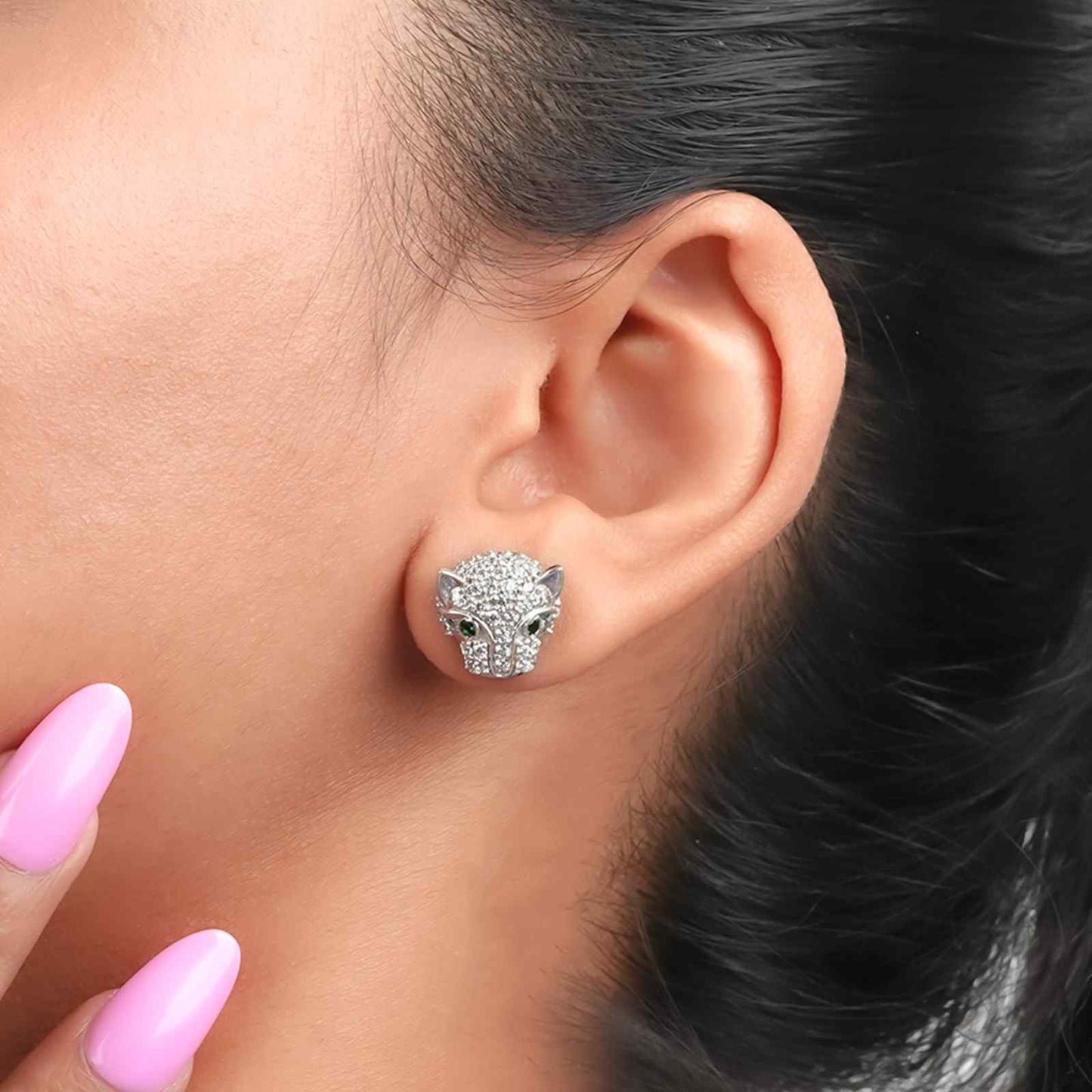 925 Sterling Silver Green Panther Stud Earrings