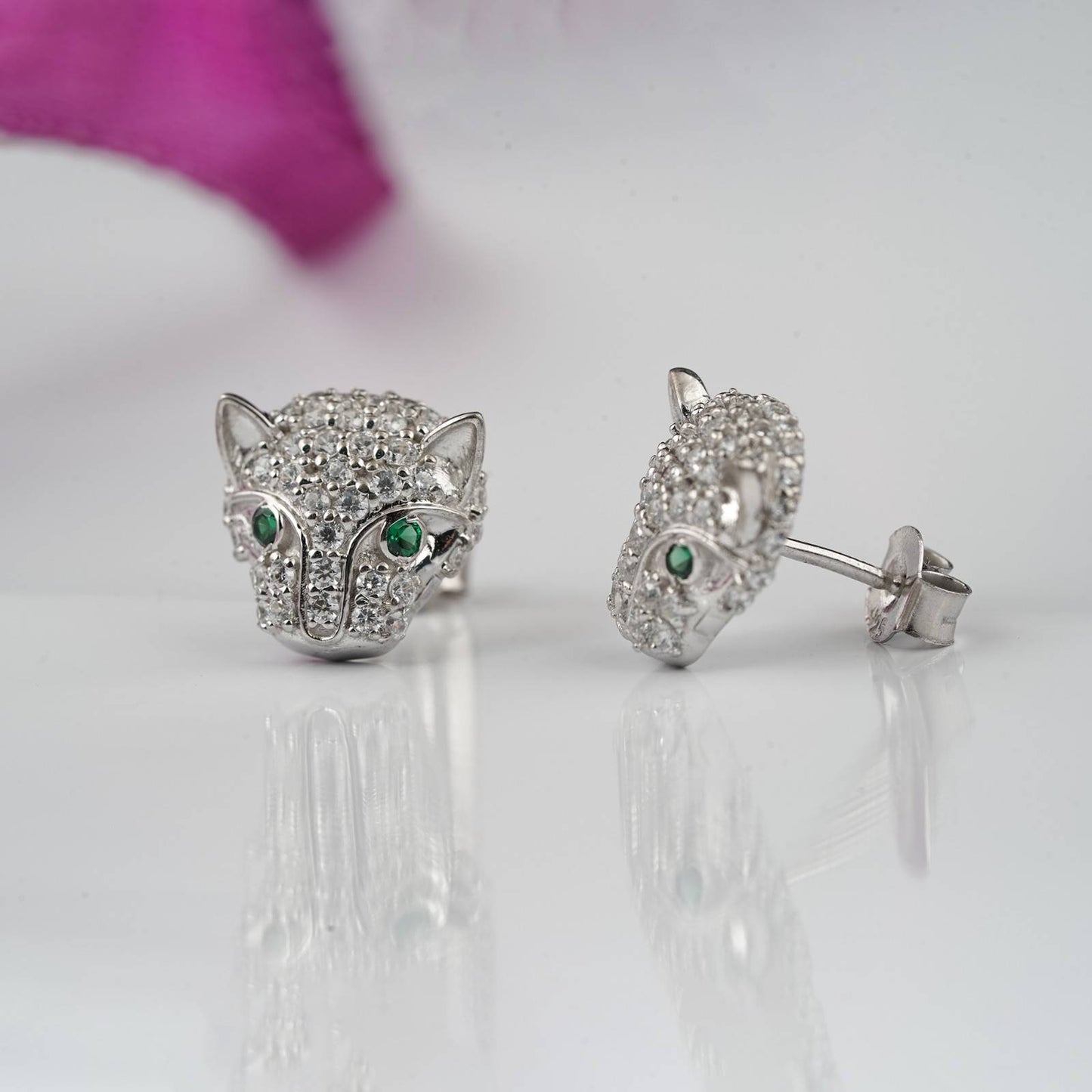 925 Sterling Silver Green Panther Stud Earrings