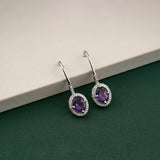 Silver Amethyst Halo Drop Earrings for Women