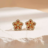Silver Floral Garnet Stud Earrings for Women