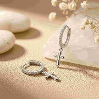 Silver Moissanite Cross Hoop Drop Earrings
