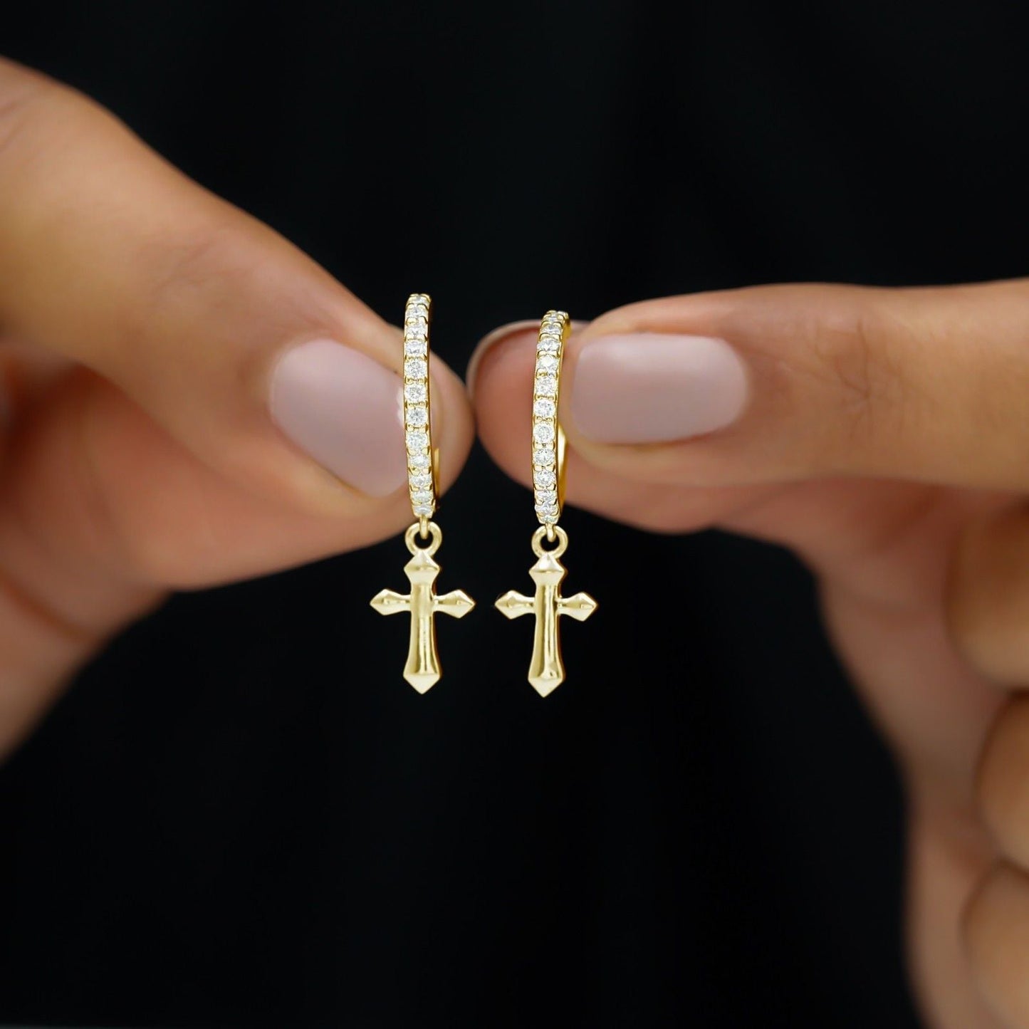 Golden Moissanite Cross Hoop Drop Earrings