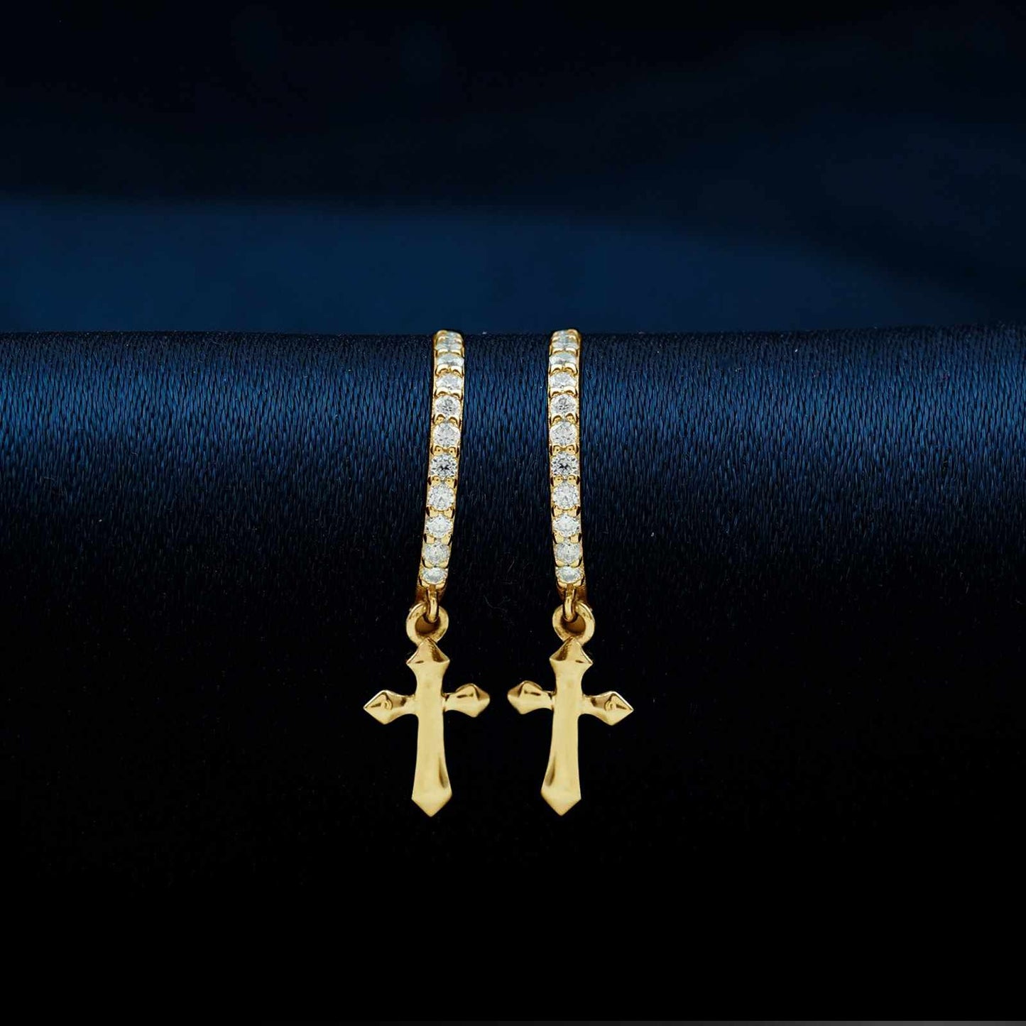 Golden Moissanite Cross Hoop Drop Earrings
