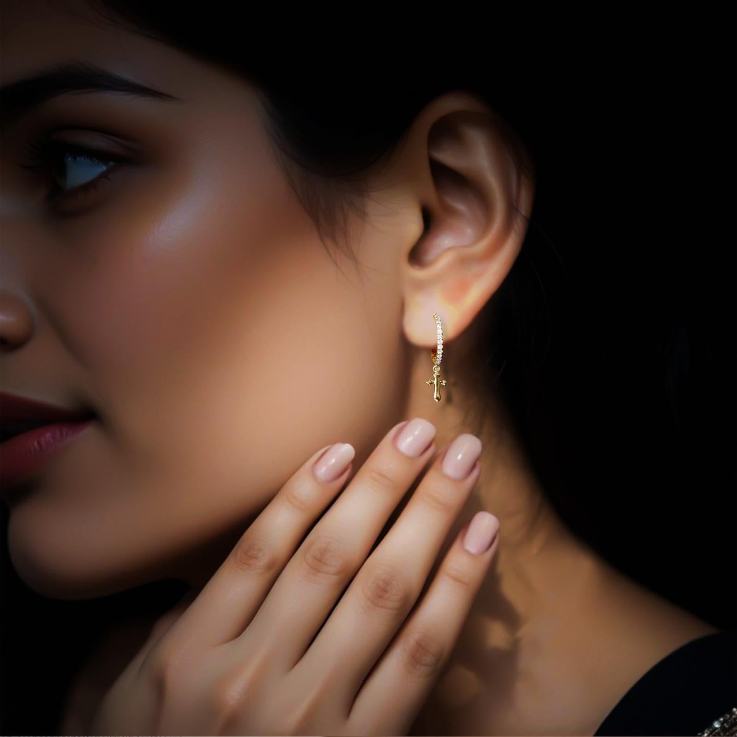 Golden Moissanite Cross Hoop Drop Earrings