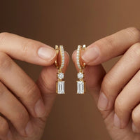 1Ct Moissanite Modern Baguette Drop Hoop Earrings Gold