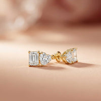 3Ct Moissanite Emerald & Heart Stud Earrings Gold