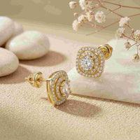 3.89Ct Moissanite Double Halo Cushion Stud Earrings Gold