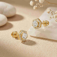 2.98Ct Moissanite Hexagon Halo Stud Earrings Gold