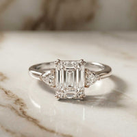 2.40 Ct Emerald & Trillion Moissanite Classic Trio Ring White