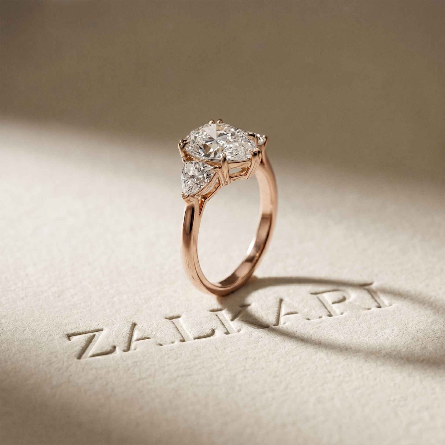 2.3 Ct Pear Cut Moissanite Solitaire Three Stone Ring Rose Gold