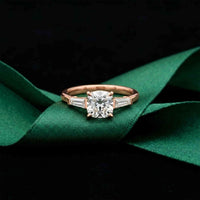 1.90 Ct Cushion & Baguette Moissanite Balanced Elegance Engagement Ring Rose Gold