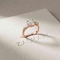 1.90 Ct Cushion & Baguette Moissanite Balanced Elegance Engagement Ring Rose Gold