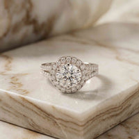 1.29 Ct Round Cut Moissanite Split Shank Halo Ring