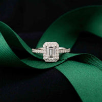 1.43 Ct Emerald & Round Moissanite Halo Ring For Women