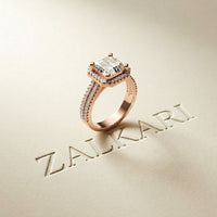 2.90 Ct Asscher Cut Moissanite Double Pavé Halo Ring Rose Gold