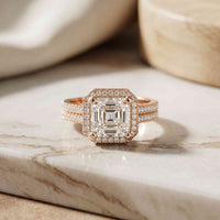 2.90 Ct Asscher Cut Moissanite Double Pavé Halo Ring Rose Gold