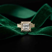 2.9 Ct Princess Cut Moissanite Double Pavé Halo Ring Gold