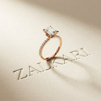 1.70 Ct Emerald Cut Moissanite Pavé Cathedral Ring Rose Gold
