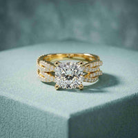 3.25 Ct Cushion Cut Moissanite Interwoven Pavé Ring Gold